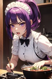 anime,busty,small tits,20s age,angry face,purple hair,bangs hair style,light skin,comic,stage,close-up view,cooking,maid