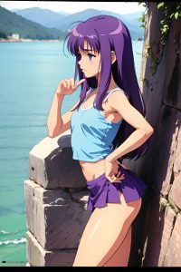 anime,skinny,small tits,80s age,sad face,purple hair,straight hair style,light skin,film photo,lake,side view,cumshot,mini skirt