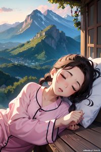 anime,busty,small tits,80s age,ahegao face,brunette,braided hair style,light skin,illustration,mountains,front view,sleeping,pajamas