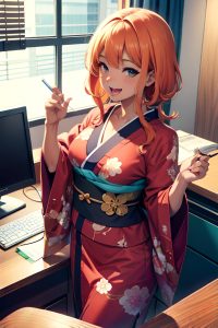 anime,busty,small tits,50s age,laughing face,ginger,straight hair style,dark skin,soft anime,office,front view,eating,kimono