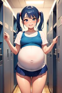 anime,pregnant,small tits,40s age,happy face,blue hair,pigtails hair style,light skin,soft + warm,locker room,front view,spreading legs,mini skirt