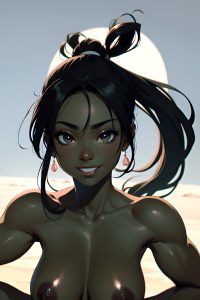 anime,muscular,small tits,70s age,happy face,black hair,ponytail hair style,dark skin,black and white,desert,close-up view,yoga,partially nude