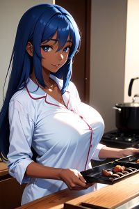 anime,skinny,huge boobs,30s age,happy face,blue hair,straight hair style,dark skin,soft anime,street,close-up view,cooking,pajamas