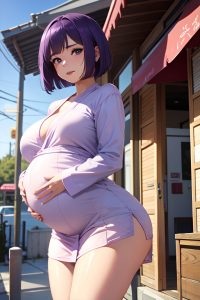 anime,pregnant,small tits,20s age,seductive face,purple hair,bobcut hair style,light skin,soft + warm,restaurant,front view,working out,bathrobe