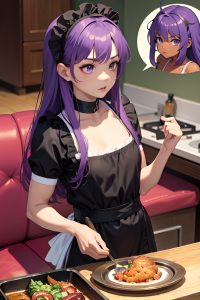 anime,muscular,small tits,80s age,shocked face,purple hair,straight hair style,dark skin,charcoal,couch,side view,cooking,maid