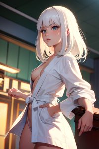 anime,muscular,small tits,70s age,seductive face,white hair,bangs hair style,light skin,film photo,casino,side view,jumping,bathrobe