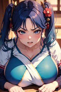 anime,chubby,huge boobs,50s age,angry face,blue hair,pigtails hair style,dark skin,warm anime,bar,close-up view,cumshot,geisha