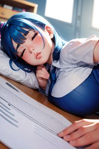 anime,chubby,small tits,20s age,pouting lips face,blue hair,bangs hair style,light skin,soft + warm,office,close-up view,sleeping,schoolgirl