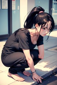 anime,skinny,small tits,80s age,sad face,black hair,ponytail hair style,light skin,charcoal,cafe,close-up view,squatting,pajamas