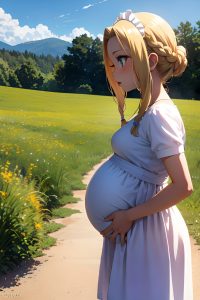 anime,pregnant,small tits,70s age,seductive face,blonde,braided hair style,light skin,warm anime,meadow,side view,t-pose,maid