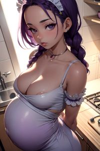 anime,pregnant,small tits,20s age,pouting lips face,purple hair,braided hair style,light skin,skin detail (beta),kitchen,close-up view,on back,maid