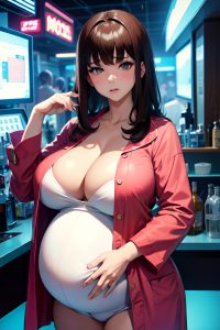 anime,pregnant,huge boobs,60s age,sad face,brunette,bangs hair style,light skin,cyberpunk,bar,front view,cumshot,pajamas