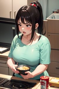 anime,chubby,small tits,60s age,angry face,brunette,ponytail hair style,light skin,charcoal,hospital,close-up view,cooking,latex