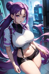 anime,busty,huge boobs,20s age,shocked face,purple hair,hair bun hair style,light skin,cyberpunk,moon,front view,jumping,nurse