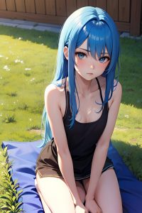 anime,skinny,small tits,18 age,pouting lips face,blue hair,straight hair style,dark skin,crisp anime,meadow,front view,massage,teacher