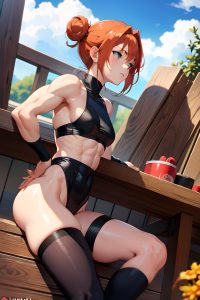 anime,muscular,small tits,18 age,sad face,ginger,hair bun hair style,light skin,soft anime,hot tub,side view,plank,stockings