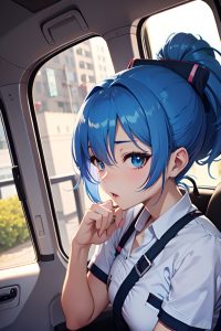 anime,busty,small tits,30s age,seductive face,blue hair,ponytail hair style,light skin,soft + warm,car,front view,cumshot,nurse