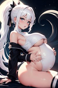 anime,pregnant,small tits,60s age,orgasm face,white hair,ponytail hair style,dark skin,black and white,moon,side view,cumshot,stockings