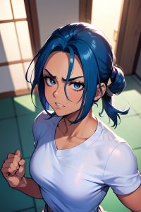 anime,muscular,small tits,30s age,angry face,blue hair,slicked hair style,dark skin,dark fantasy,prison,front view,yoga,nurse
