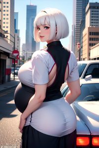 anime,pregnant,huge boobs,80s age,happy face,white hair,bobcut hair style,light skin,cyberpunk,car,back view,on back,schoolgirl