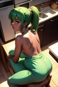 anime,pregnant,small tits,80s age,seductive face,green hair,ponytail hair style,dark skin,3d,kitchen,back view,straddling,pajamas
