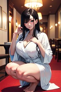 anime,skinny,huge boobs,80s age,happy face,black hair,straight hair style,light skin,skin detail (beta),restaurant,front view,squatting,bathrobe