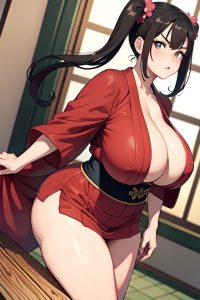 anime,chubby,huge boobs,60s age,angry face,brunette,pigtails hair style,light skin,vintage,strip club,front view,plank,kimono