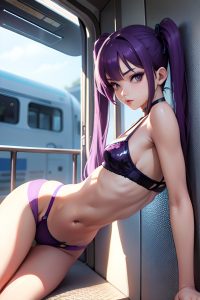 anime,skinny,small tits,18 age,seductive face,purple hair,pigtails hair style,light skin,cyberpunk,train,side view,cumshot,bra