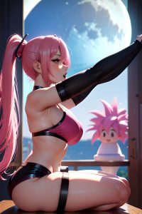 anime,busty,small tits,60s age,ahegao face,pink hair,ponytail hair style,light skin,3d,moon,side view,yoga,stockings