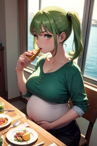 anime,pregnant,small tits,60s age,serious face,green hair,pigtails hair style,light skin,watercolor,yacht,close-up view,eating,teacher