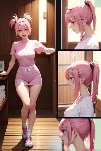 anime,skinny,small tits,20s age,ahegao face,pink hair,ponytail hair style,light skin,cyberpunk,sauna,side view,bending over,nurse