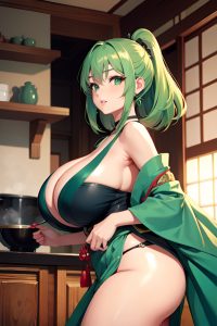 anime,busty,huge boobs,50s age,shocked face,green hair,straight hair style,dark skin,vintage,lake,side view,cooking,kimono