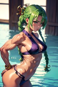 anime,muscular,small tits,80s age,pouting lips face,green hair,braided hair style,light skin,skin detail (beta),lake,side view,bending over,geisha