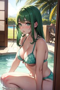 anime,chubby,small tits,40s age,pouting lips face,green hair,straight hair style,light skin,vintage,bar,side view,bathing,bra