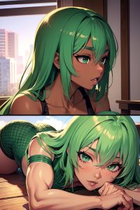 anime,muscular,small tits,70s age,ahegao face,green hair,straight hair style,dark skin,charcoal,bedroom,side view,plank,fishnet