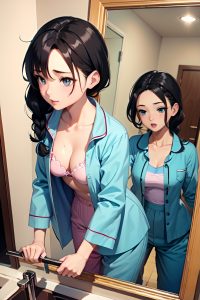 anime,busty,small tits,50s age,orgasm face,black hair,braided hair style,light skin,mirror selfie,lake,side view,on back,pajamas