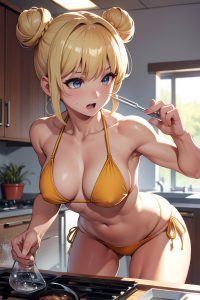 anime,muscular,small tits,70s age,orgasm face,blonde,hair bun hair style,light skin,soft + warm,club,front view,cooking,bikini