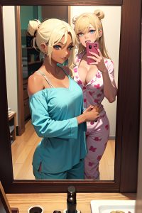 anime,muscular,small tits,70s age,ahegao face,blonde,hair bun hair style,dark skin,mirror selfie,jungle,front view,gaming,pajamas
