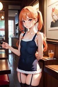 anime,skinny,small tits,70s age,serious face,ginger,pigtails hair style,light skin,soft + warm,restaurant,front view,bathing,stockings