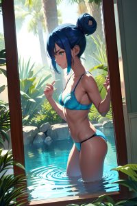 anime,skinny,small tits,80s age,angry face,blue hair,hair bun hair style,dark skin,mirror selfie,jungle,front view,bathing,bra