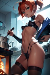 anime,skinny,small tits,20s age,shocked face,ginger,pixie hair style,dark skin,cyberpunk,underwater,close-up view,cooking,stockings