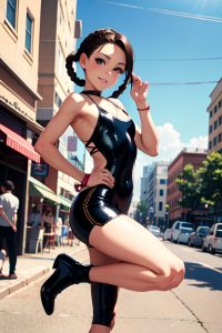 anime,skinny,small tits,20s age,happy face,brunette,braided hair style,light skin,film photo,bar,side view,jumping,latex