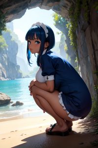 anime,pregnant,small tits,18 age,seductive face,blue hair,bangs hair style,dark skin,crisp anime,cave,back view,squatting,maid