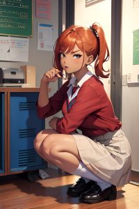 anime,busty,small tits,60s age,angry face,ginger,pixie hair style,dark skin,illustration,locker room,front view,squatting,schoolgirl