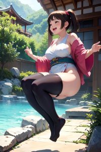 anime,chubby,small tits,80s age,laughing face,brunette,pixie hair style,light skin,charcoal,onsen,side view,jumping,stockings