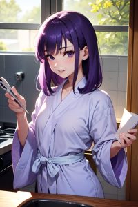 anime,skinny,small tits,50s age,happy face,purple hair,bangs hair style,light skin,illustration,prison,close-up view,cooking,bathrobe