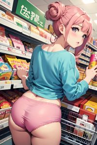 anime,chubby,small tits,70s age,pouting lips face,pink hair,hair bun hair style,dark skin,illustration,grocery,back view,jumping,bra