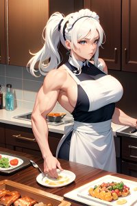 anime,muscular,huge boobs,70s age,seductive face,white hair,pigtails hair style,light skin,watercolor,bar,back view,cooking,maid