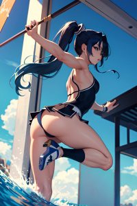 anime,muscular,small tits,70s age,seductive face,blue hair,ponytail hair style,dark skin,black and white,yacht,back view,jumping,mini skirt