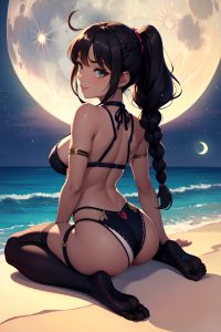 anime,busty,small tits,50s age,happy face,brunette,braided hair style,dark skin,crisp anime,moon,back view,straddling,stockings